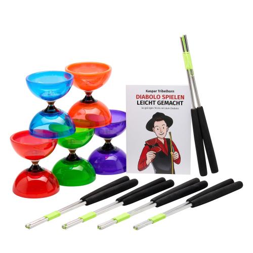 Diabolo Schulset: 5 x Diabolo mit Starrachse, Handstäben und Anleitung